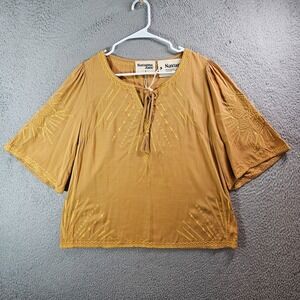 NEW Savanna Jane Top Blouse Small Short Sleeve Embroidered Yellow‎ Brown Tone